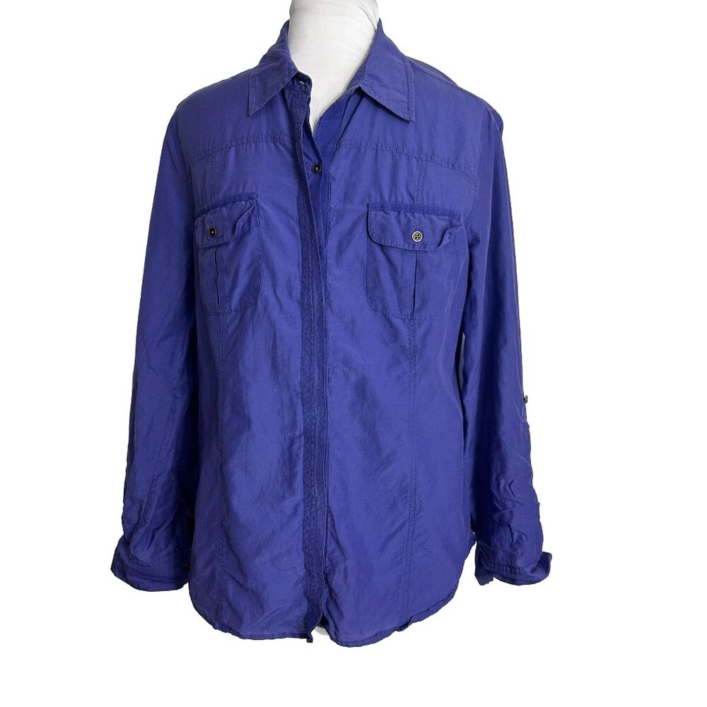 Chicos Silk Cotton Blend Purple Button Front Blouse Shirt Top Tab Sleeve